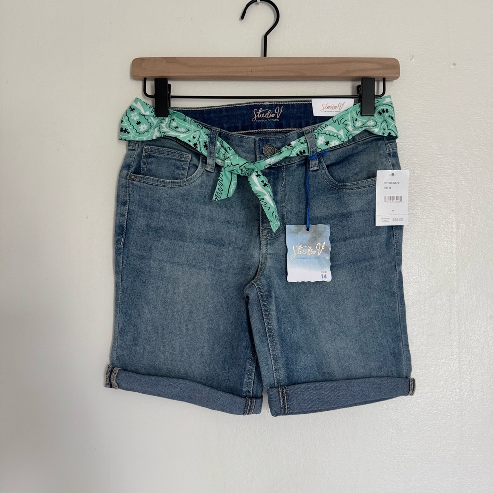 Studio V High-Waisted Denim Shorts with Bandana Scarf Belt - Girls Size 14 NWT